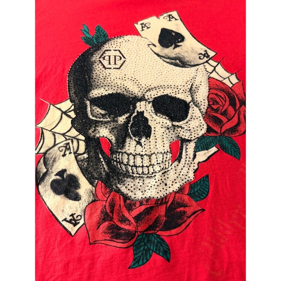 Philipp Plein Red Rhinestone Skull Ace of Spades Graphic Tee Limited Edition